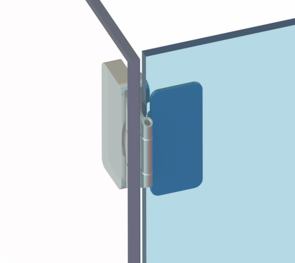 Gångjärn för helglasvitrin innanligmm med snäppfunktion