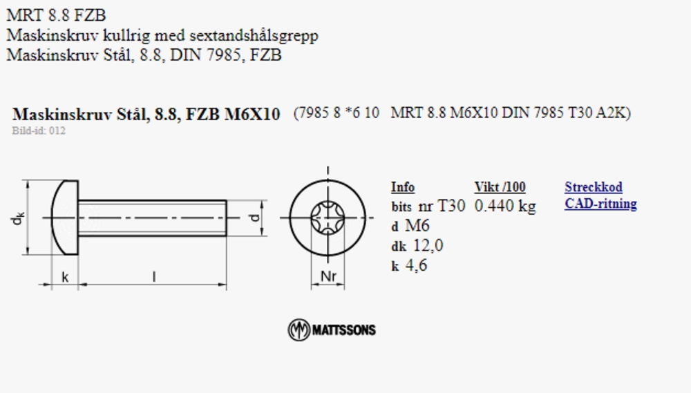 Maskinskruv stål 7985, 8.8, FZB    M6x10