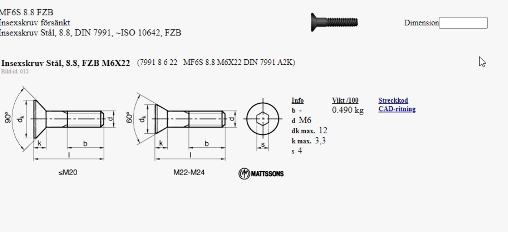 Insexskruv stål 7991, 8.8, FZB     M6x22