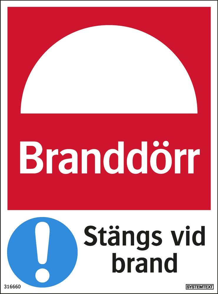 Brandskylt 100x135 mm Branddörr -  stängs vid brand självhäftande