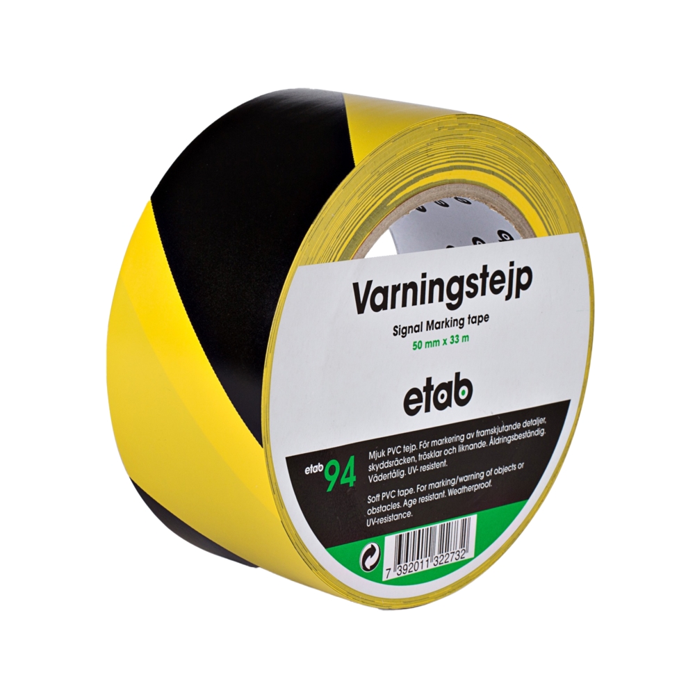 Varningstape gul/svart 50mm x 33mm extra slitstark
