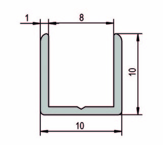 U-profil 10 x 10 mm,               aluminium polerad, 2500 mm