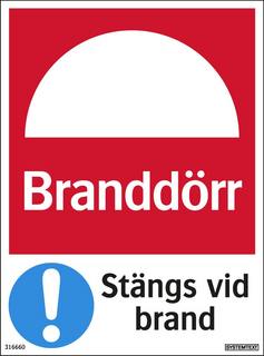 Brandskylt 100x135 mm Branddörr -  stängs vid brand självhäftande