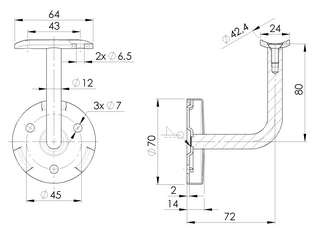 Handledarfäste vägg för rör 42,4mm,AISI 316