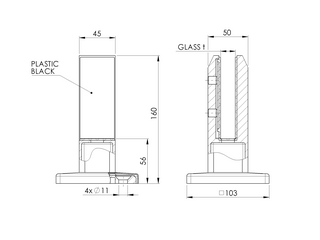Golvfäste för glas 16-17,5mm       kvadratisk AISI 316